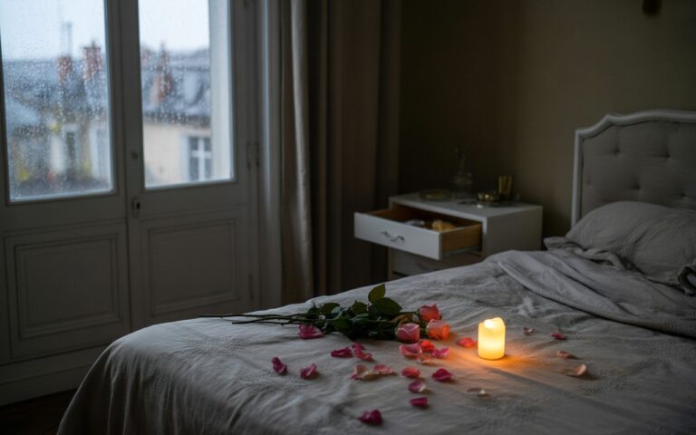 Chambre avec pétales de rose et tiroir ouvert