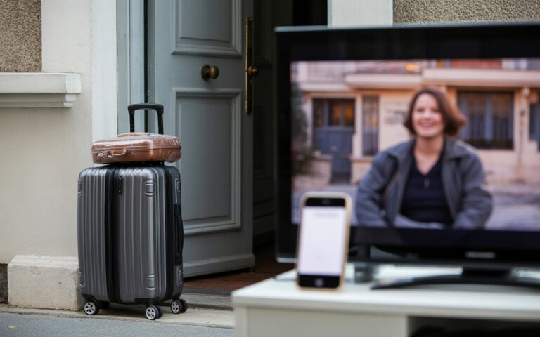 Valise devant la porte, télé et villa floue
