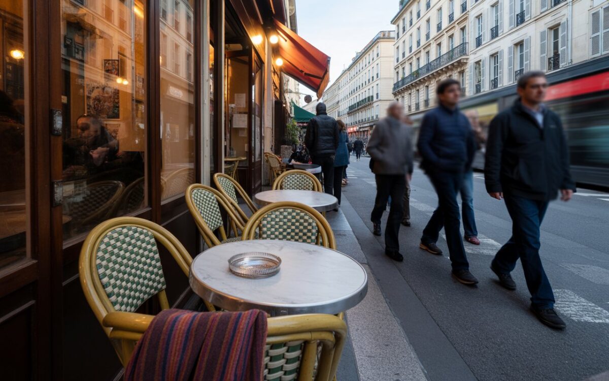 Terrasse de café marseillais fermée, chaises