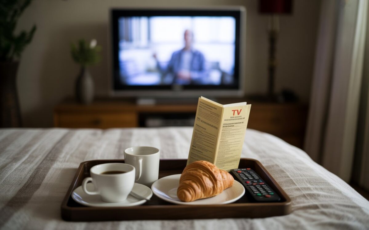 Plateau petit-déjeuner avec télécommande et télé