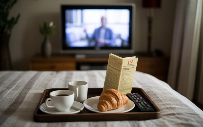 Plateau petit-déjeuner avec télécommande et télé