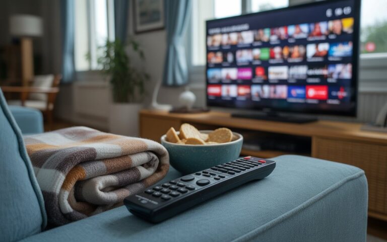 Canapé français, télécommande et écran flou.