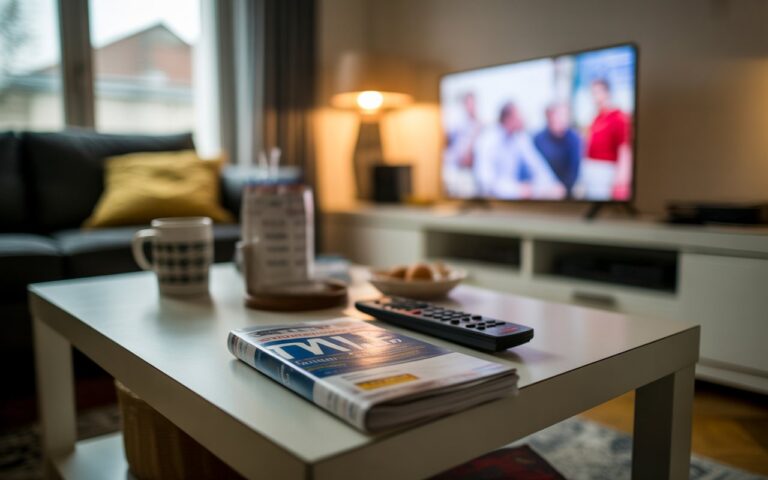 Salon avec guide TV, télécommande et écran flou