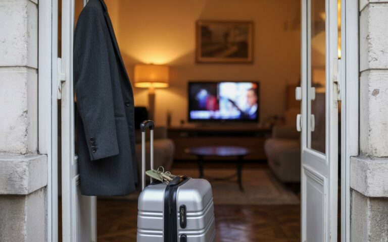 Entrée avec valise et télé floue.