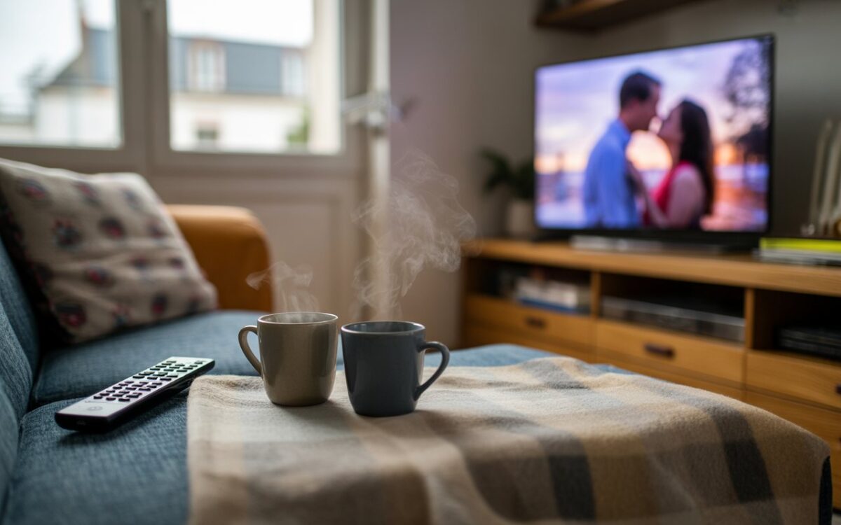 Canapé avec deux tasses et télé floue
