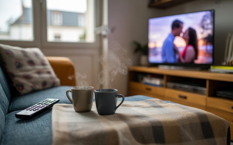 Canapé avec deux tasses et télé floue