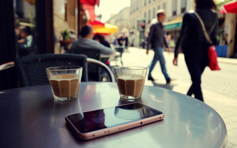 Terrasse café, tasses et smartphone face cachée
