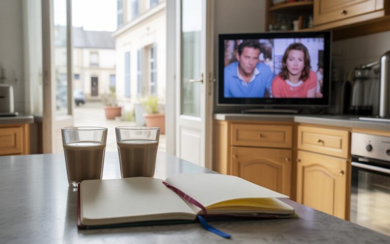 Cuisine claire, tasses et télé floue.