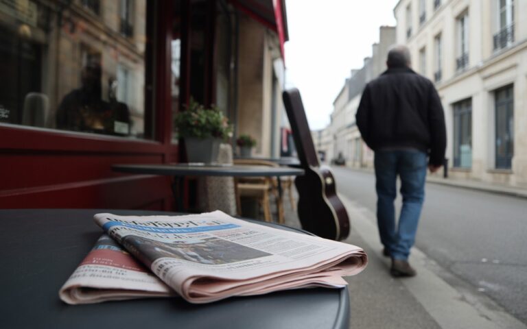 Rue à Caen, journal, étui de guitare, silhouette floue.