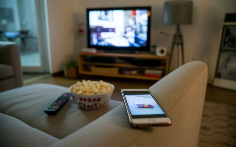Canapé, télécommande, pop-corn, télévision floue.