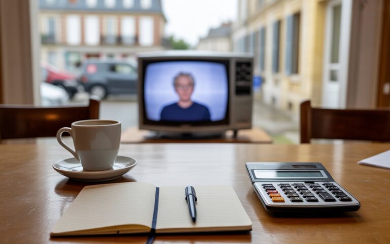 Table, calculatrice et télé floue.