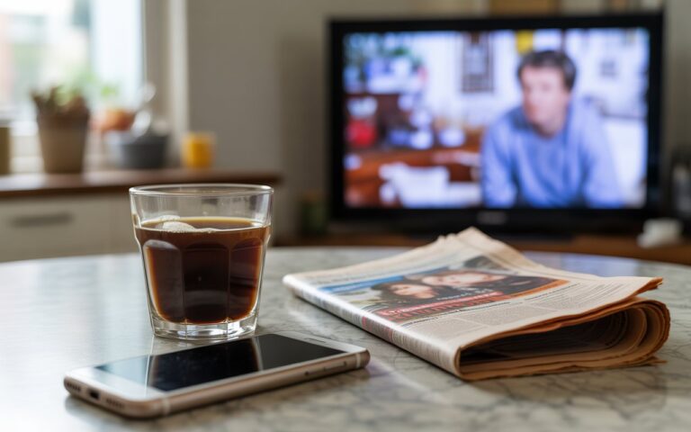 Table de cuisine, café, journal froissé, télé floue.