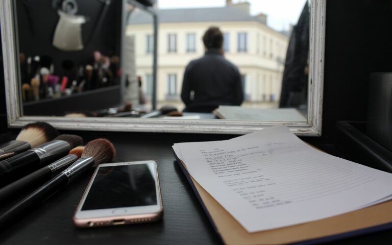 Loge, maquillage, script, reflet flou.