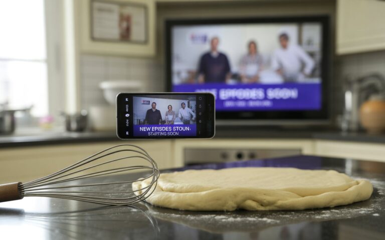 Cuisine école, fouet, pâte, télé floue.