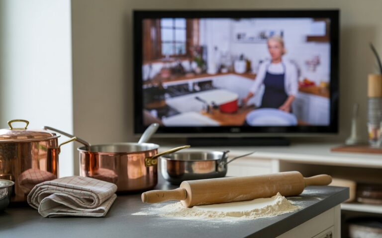 Cuisine, rouleau et télé floue.