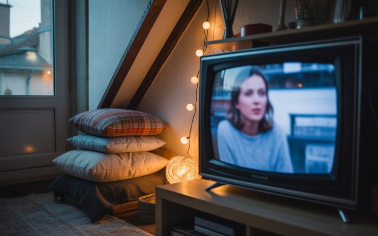 Grenier cosy, coussins et télé floue.
