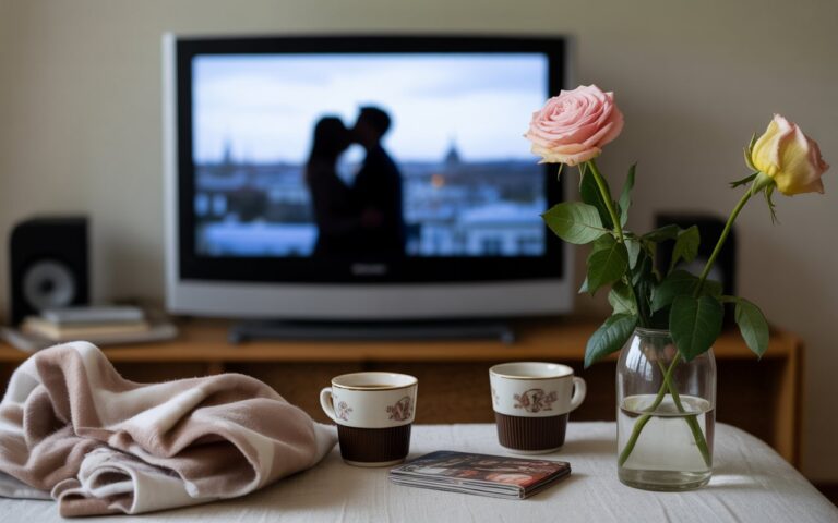 Canapé, rose fanée et télé floue.