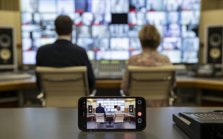 Régie télé, chaises vides, console, écrans flous.