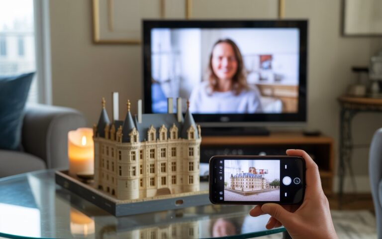 Salon, maquette de château, bougie, télé floue.