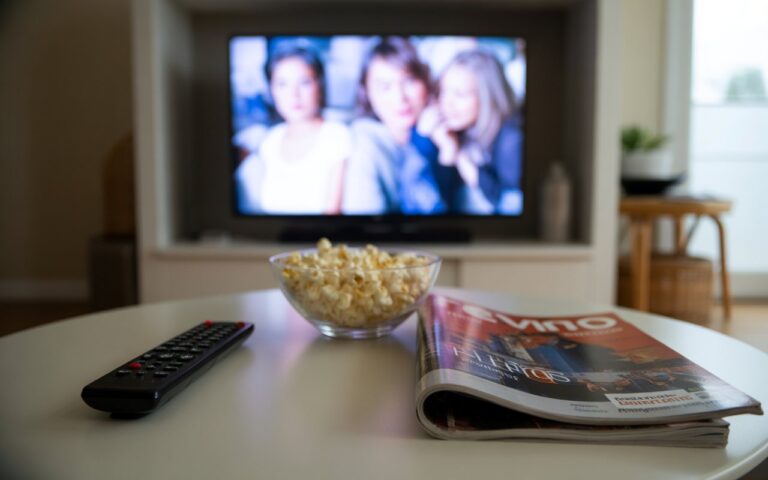 Salon, télécommande et télé floue.