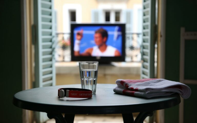 Balcon, tennis et télé floue.