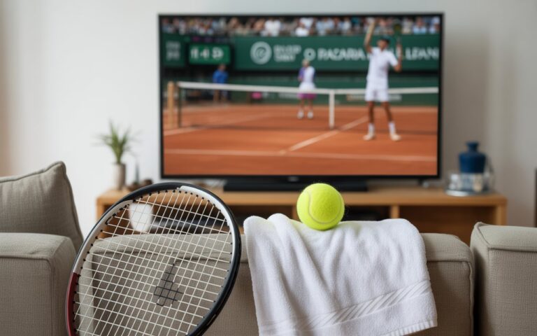 Canapé, raquette et télé floue.