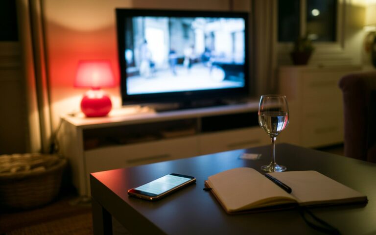 Salon sombre, lampe rouge, carnet et télévision floue.
