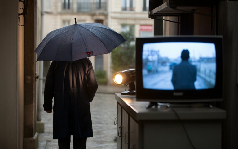 Couloir sombre, parapluie et télé floue.