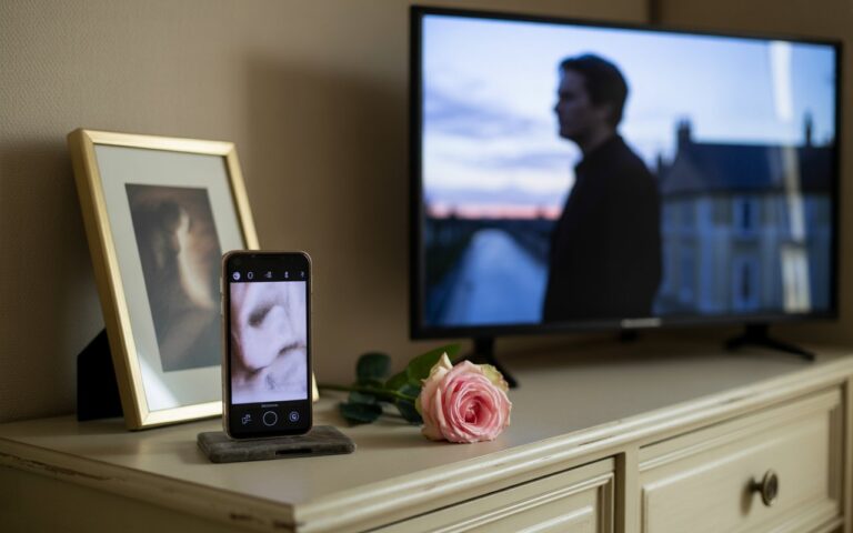 Chambre française, rose, cadre et télévision floue.