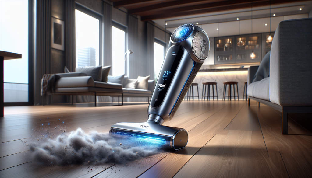 Illustration d'un système de nettoyage domestique innovant appelé Tom Net, avec icônes de caractéristiques telles que l'automatisation et l'écologie.