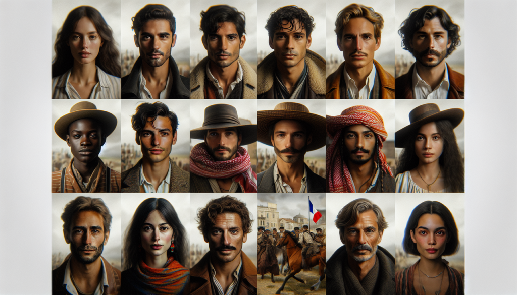 Acteur en A, portrait diversifié, éclairage naturel et scénique, costumes représentatifs des rôles emblématiques, ultra HD.