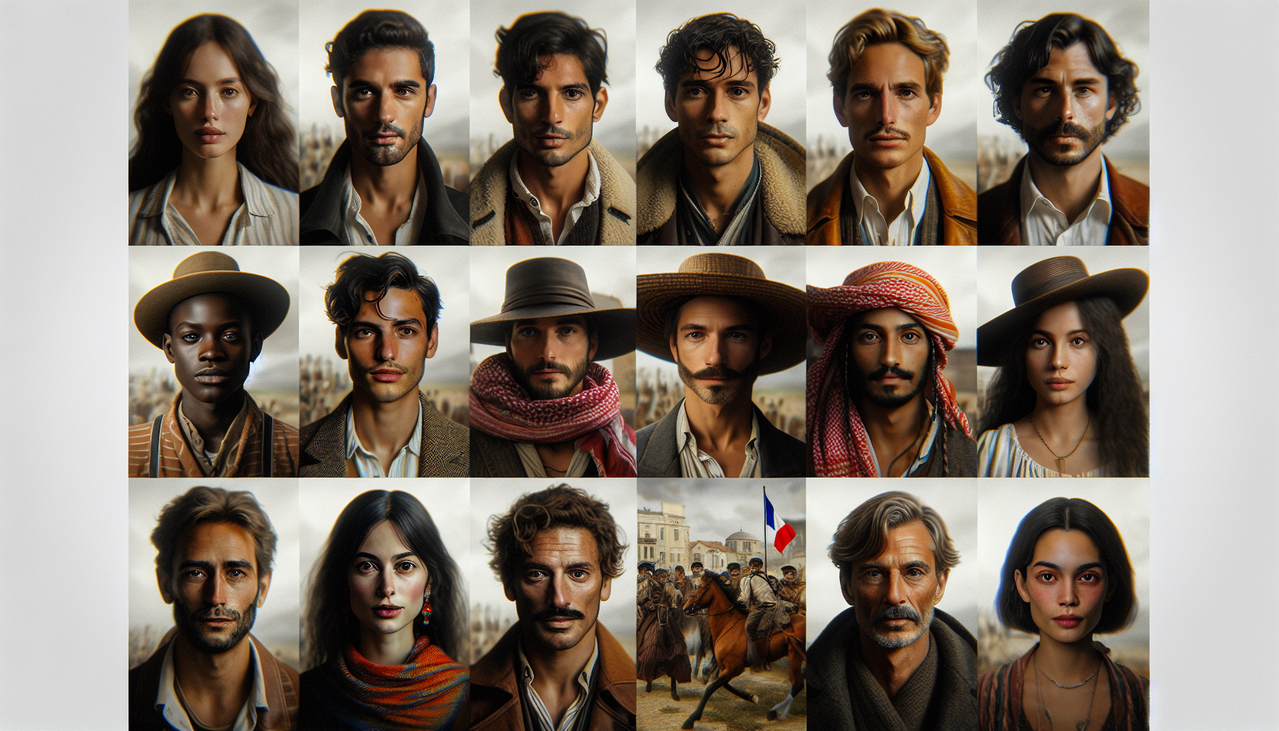 Acteur en A, portrait diversifié, éclairage naturel et scénique, costumes représentatifs des rôles emblématiques, ultra HD.