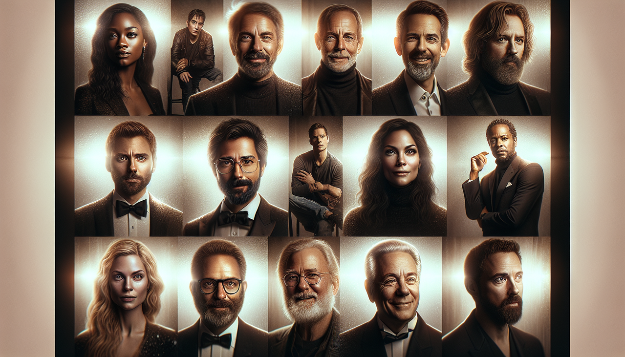 Acteur en B, variété d'acteurs hommes et femmes, poses naturelles, charisme et personnalité mis en avant, texture cinématographique en arrière-plan, éclairage de studio photo haut de gamme, détails nets et précis, couleurs vives et naturelles, bords précis et fondus.