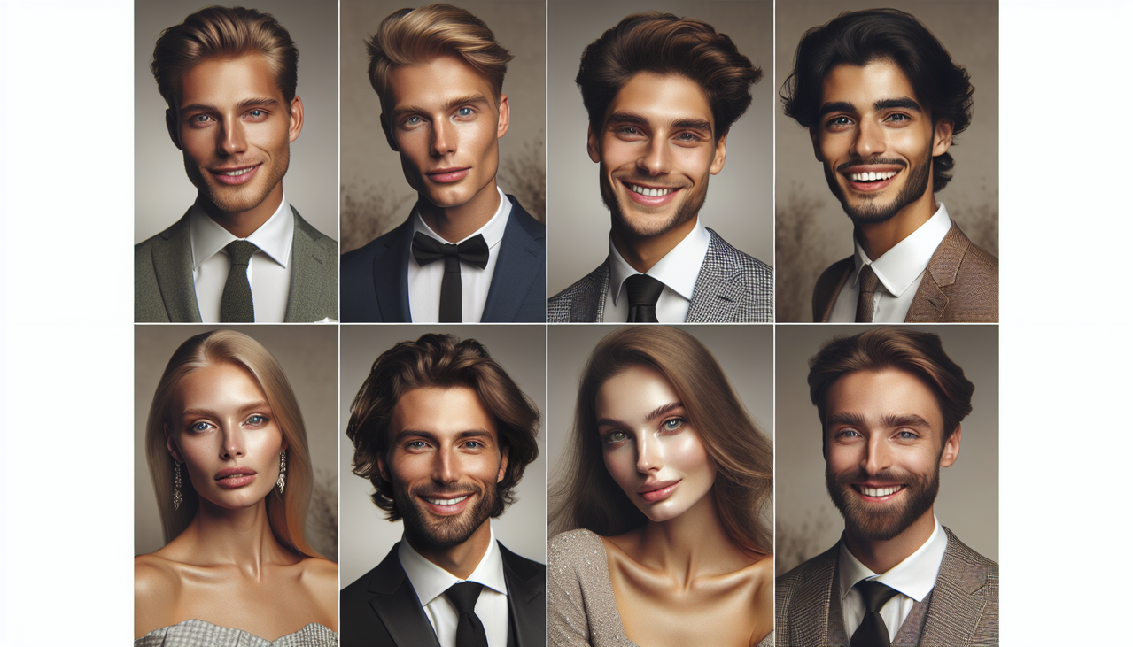 Portrait acteurs C français élégants, fond neutre, expression confiante, détails studio.