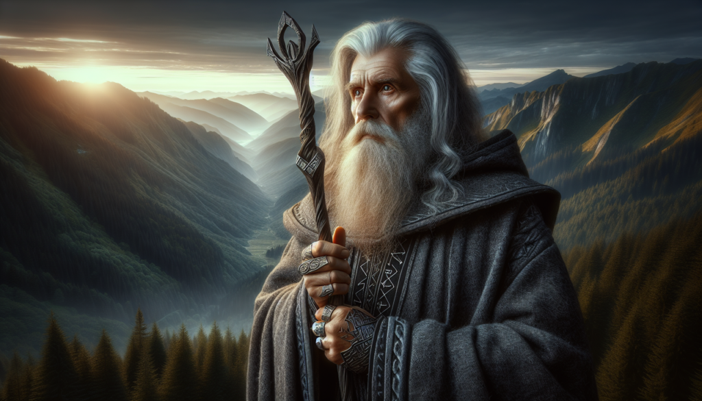Portrait réaliste de l'acteur Ian McKellen en Gandalf le Gris de "Le Seigneur des Anneaux" avec décor de la Terre du Milieu.