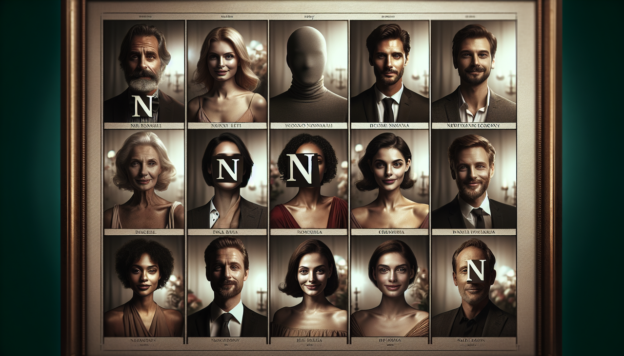 Portrait d'acteurs débutant par N dans une galerie élégante.
