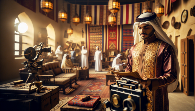 Acteur qatarien en tenue traditionnelle sur le plateau d'un film qatarien.