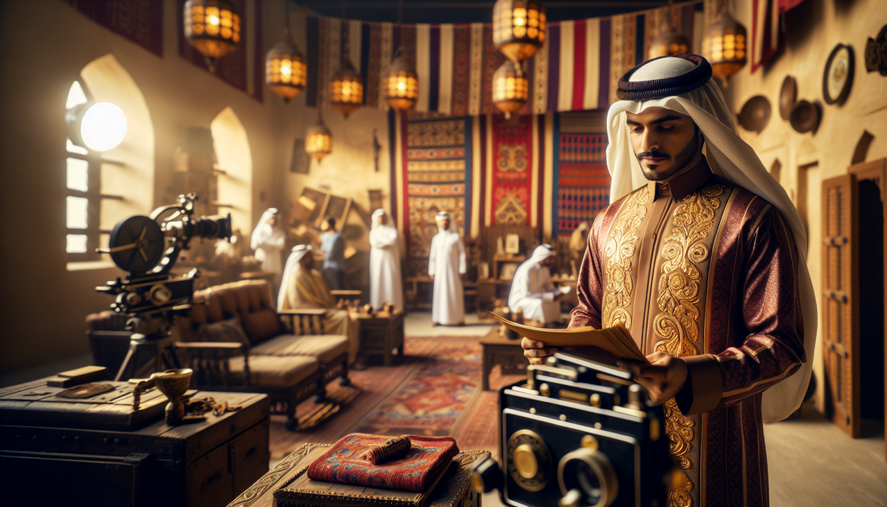Acteur qatarien en tenue traditionnelle sur le plateau d'un film qatarien.