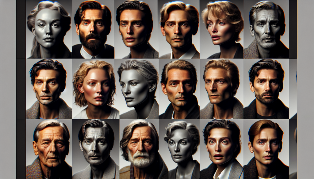 Acteur en T - Tom Hanks, Timothée Chalamet, Tom Hardy, Tilda Swinton en portraits stylisés sur fond neutre.