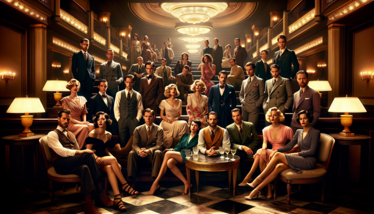 Affiche acteur Z diversifiée en robes élégantes dans le hall de théâtre luxueux, ambiance glamour Hollywood vintage.