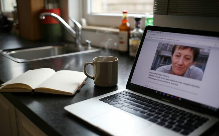 Cuisine sombre, mug et écran flou.