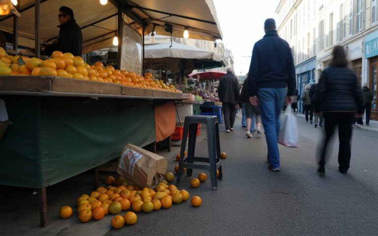 Marché de Sète, oranges renversées
