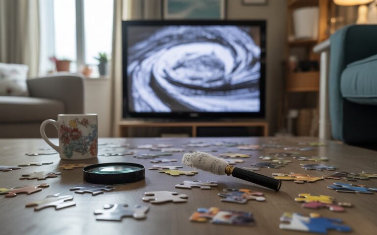 Salon, puzzle et télé floue vortex.
