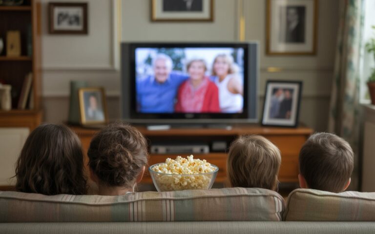 Salon nostalgique, canapé, télé floue et pop-corn.