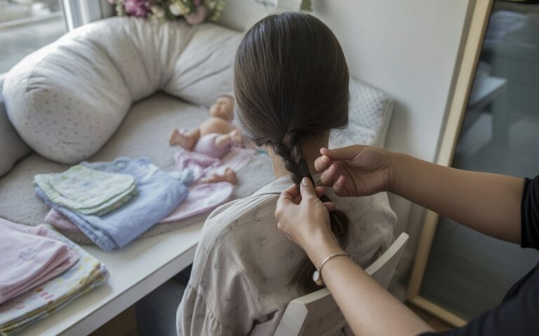 Mains tressant cheveux près de layette