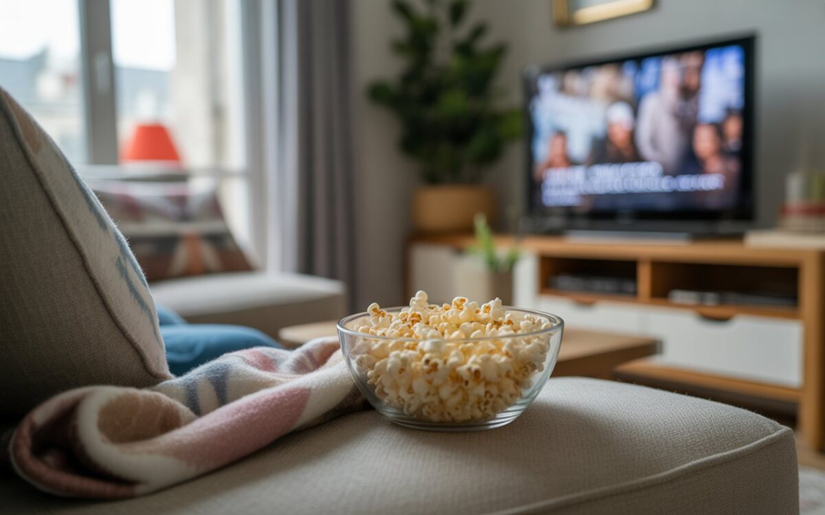 Canapé, télé floue, bol pop-corn, soirée série.
