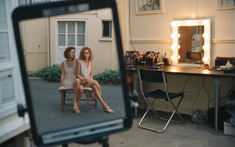 Loge télé, maquillage, miroir, chaise vide.