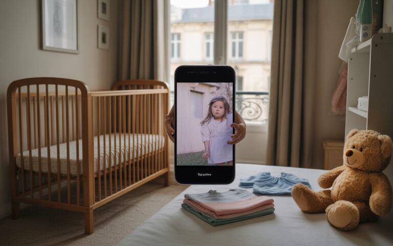 Chambre bébé vide, berceau, doudou, lumière douce.