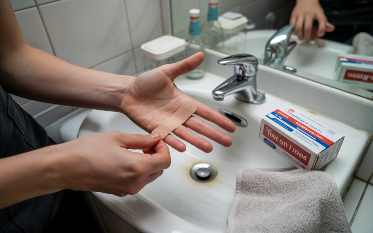 Mains appliquant pansement sur doigt, trousse secours.