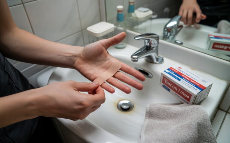 Mains appliquant pansement sur doigt, trousse secours.